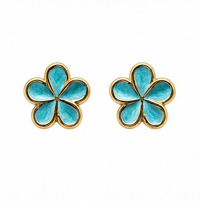 Tempo A Tempo Shelly turquoise enamel 5-petal flower stud earrings in gold-tone metal, 2cm