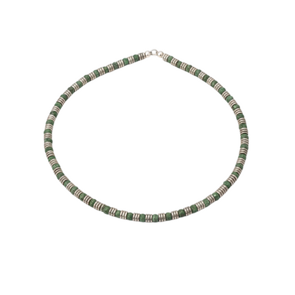 Tempo A Tempo unisex choker necklace with small green beads and silver-tone spacers, made of hypoallergenic 316L steel with a vintage, worn effect.
