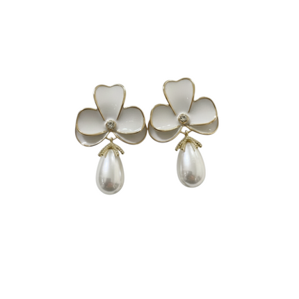 Tempo A Tempo white enamel flower gold trim earrings with pearl drop and small heart studs.