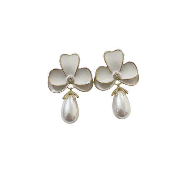 Tempo A Tempo white enamel flower gold trim earrings with pearl drop and small heart studs.