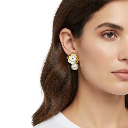 Tempo A Tempo white and gold enamel flower earrings with pearl drop. Elegant floral design for special occasions.