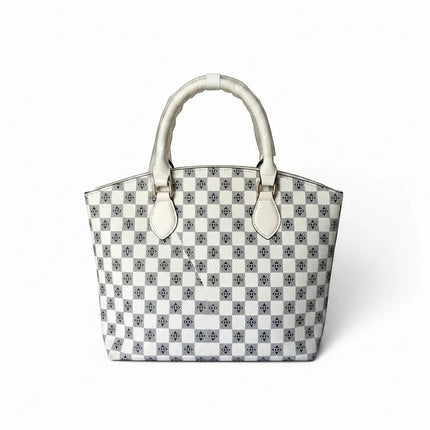 Tempo A Tempo white and grey ecopelle tote bag with CD monogram pattern and gold hardware.