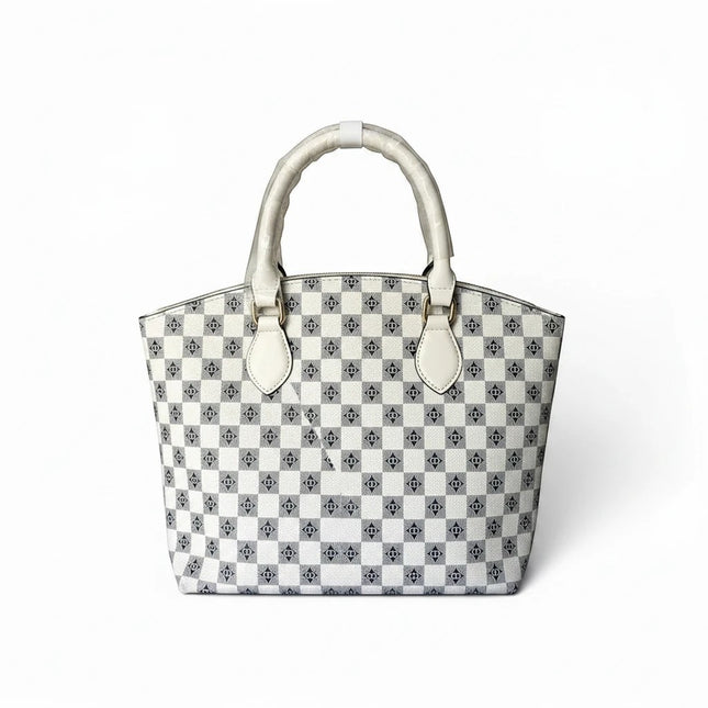 Tempo A Tempo white and grey ecopelle tote bag with CD monogram pattern and gold hardware.