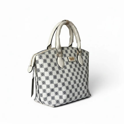 Tempo A Tempo white and grey ecopelle tote bag with CD monogram and gold hardware. Features double handles and zip closure.