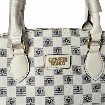 Tempo A Tempo white and grey ecopelle tote bag with all-over CD monogram and checkered pattern, gold hardware.