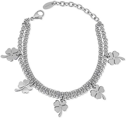 2JEWELS BRACCIALE IN ACCIAIO DOPPIO FILO CON SFERE PER DONNA E CIONDOLI QUADRIFOGLIO 231794