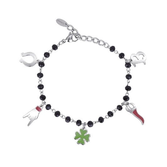 2JEWELS BRACCIALE IN ACCIAIO CON SFERE IN VETRO E CIONDOLI PORTAFORTUNA 232050