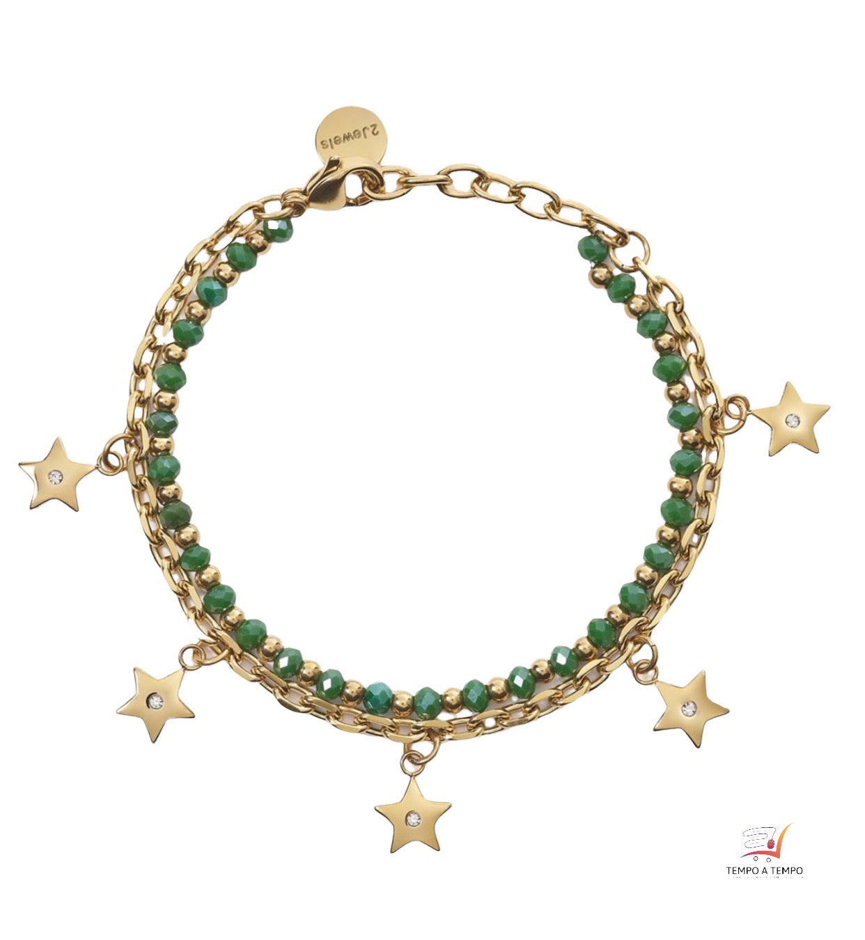 2JEWELS BRACCIALE PER DONNA IN ACCIAIO DOPPIO FILO CON SFERE VETRO VERDE E STELLA 232319