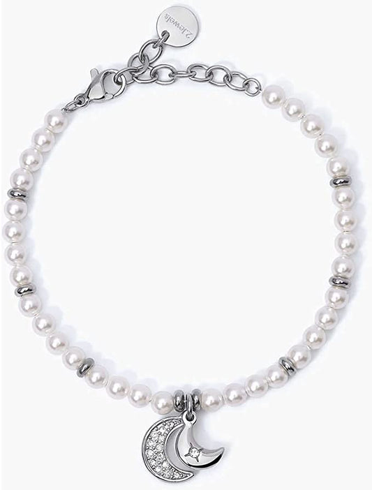 2JEWELS BRACCIALE IN ACCIAIO 316L per donna con perle naturali e ciondolo mezzaluna 232342