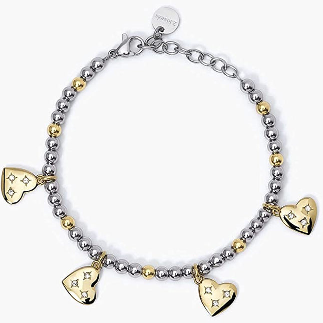 Bracciale Donna 2JEWELS Acciaio Sfere Gold con Ciondoli Cuore - Romantico 232347