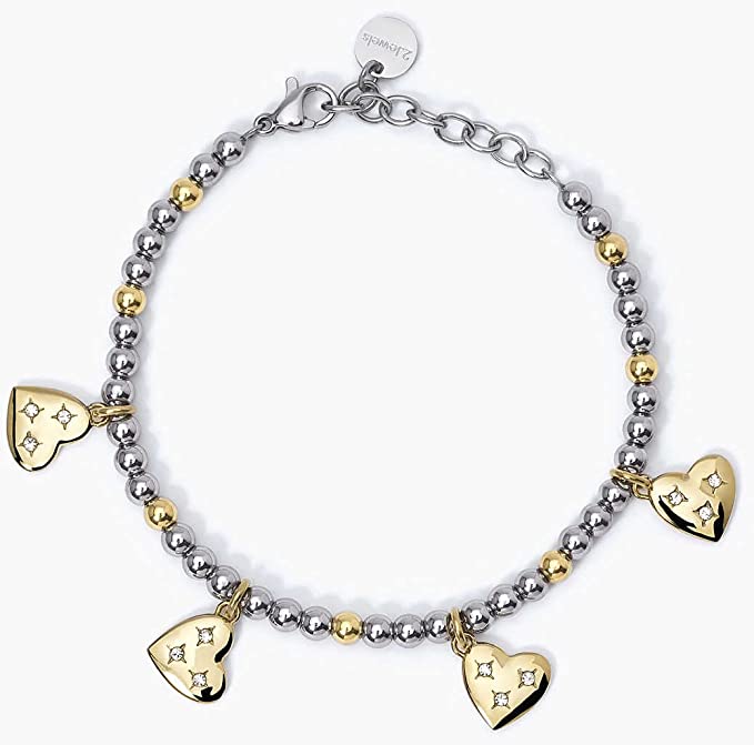 2JEWELS BRACCIALE PER DONNA IN ACCIAIO A SFERE E PVD GOLD CIONDOLI CUORE 232347