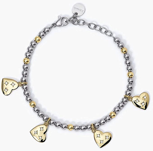 2JEWELS BRACCIALE PER DONNA IN ACCIAIO A SFERE E PVD GOLD CIONDOLI CUORE 232347