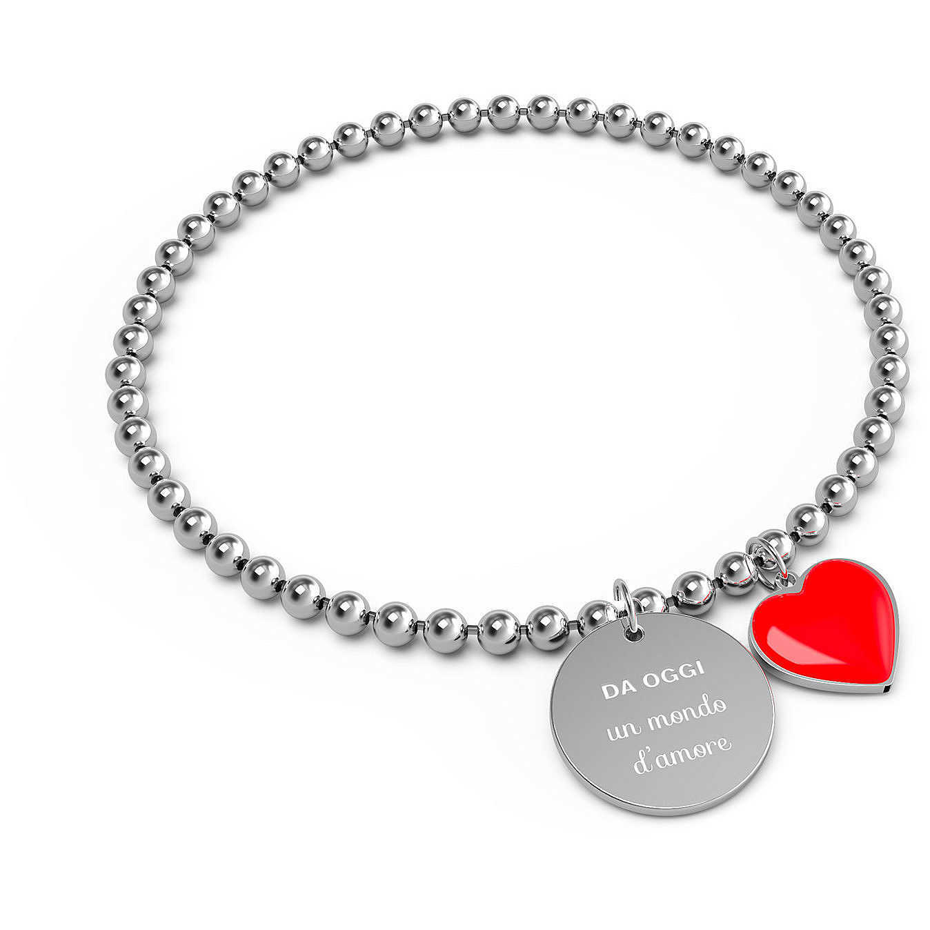 10BuoniPropositi BRACCIALE ELASTICO DONNA CON SFERE IN ACCIAIO E CIONDOLO CUORE ROSSO B5756