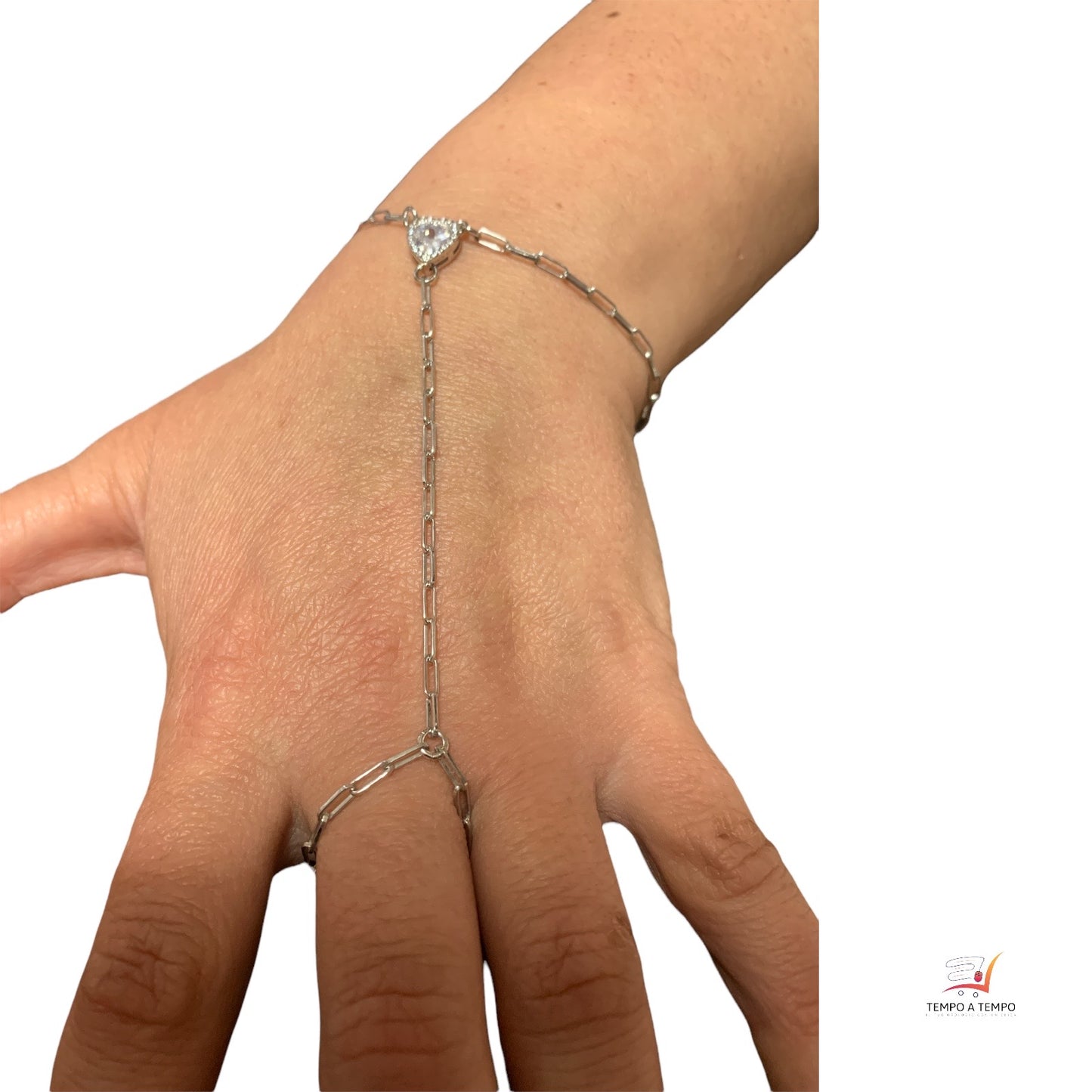 BACIAMANO ANELLO BRACCIALE IN ARGENTO PER DONNA CON CUORE IN CRISTALLO BIANCO